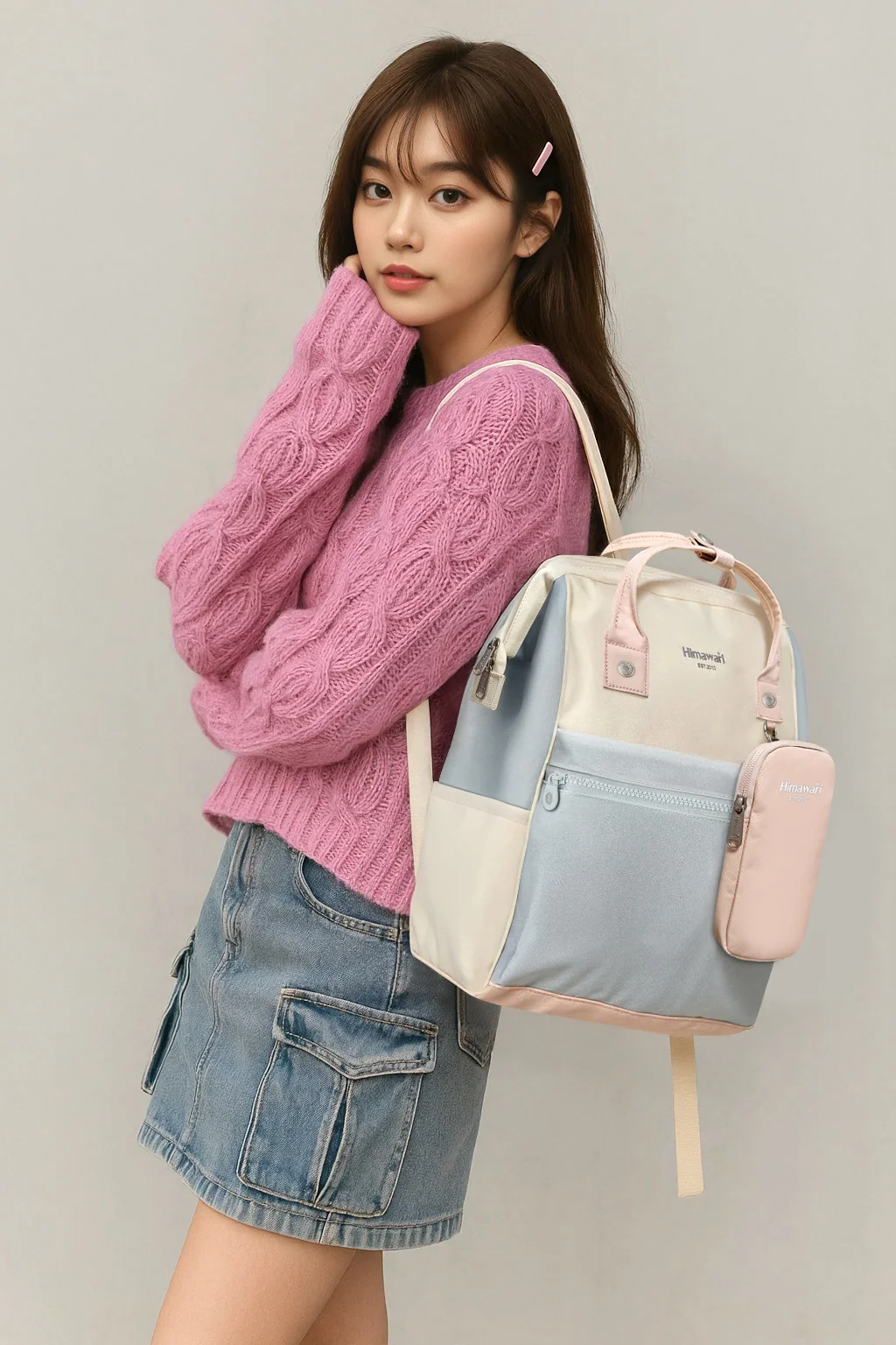 핑크와 하늘색 Himawari 1027 백팩을 멘 사람